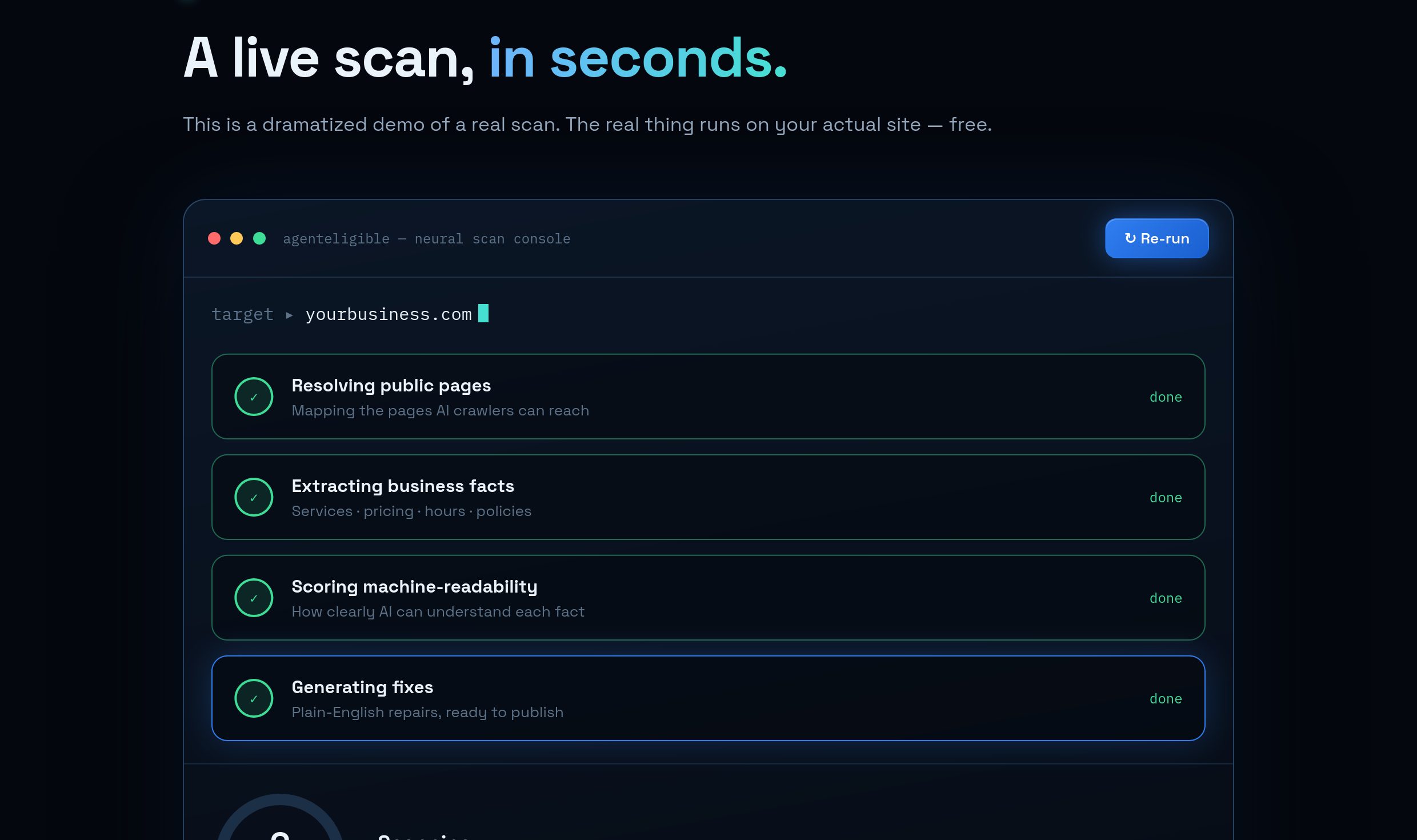 The real AgentEligible scan console — Resolving public pages, Extracting business facts, Scoring machine-readability, Generating fixes