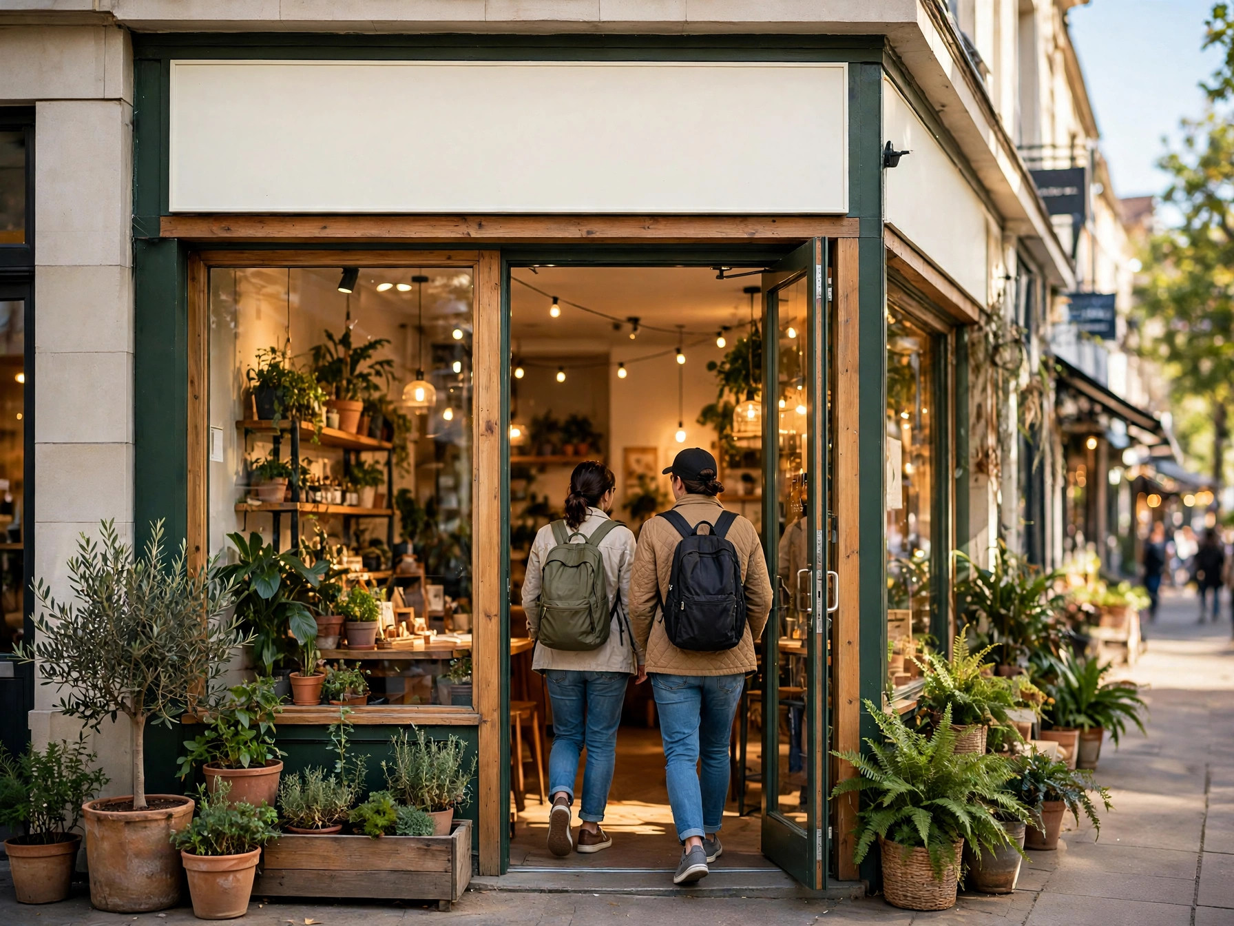 Inviting local storefront, customers coming in