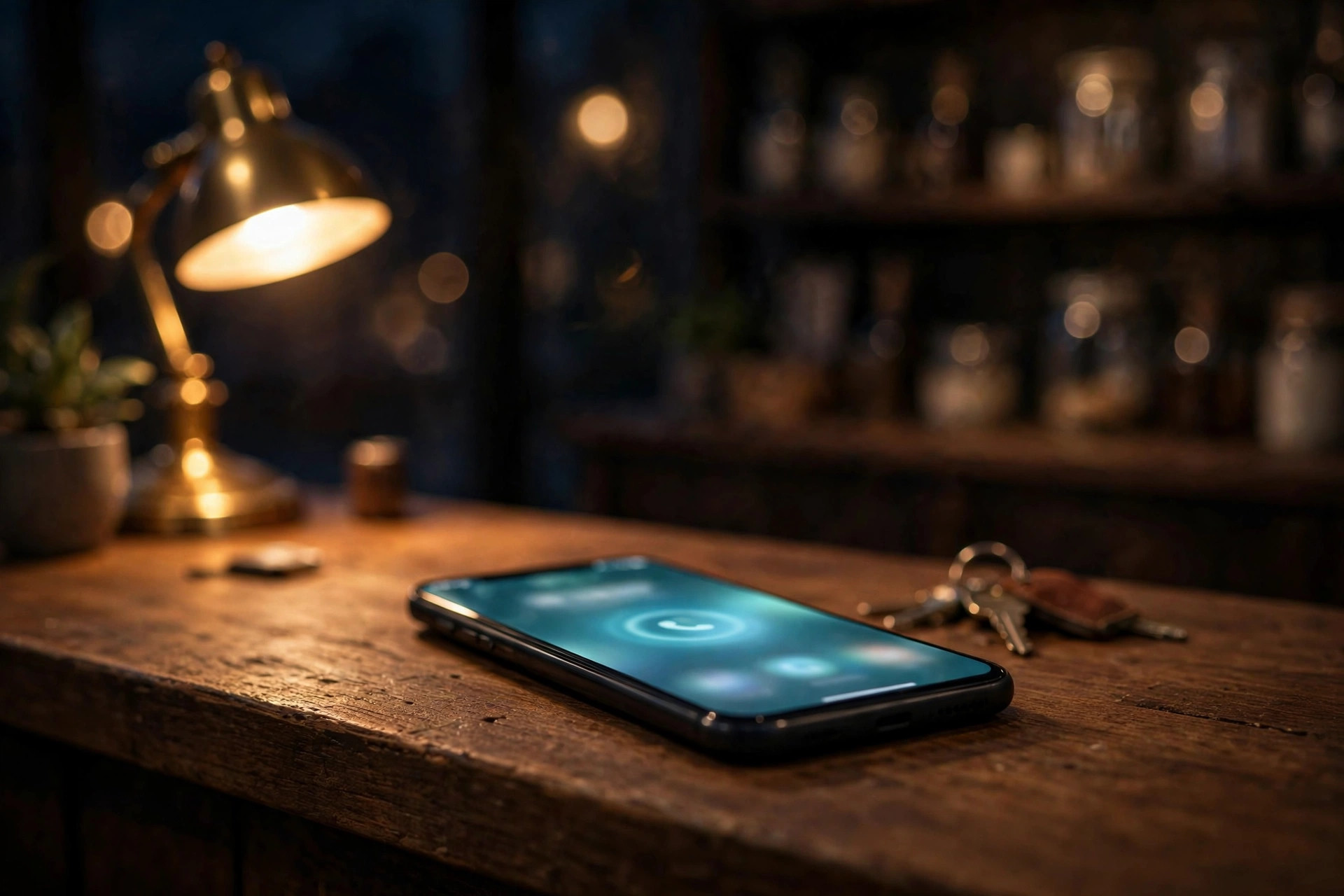 Phone ringing on a business counter at night