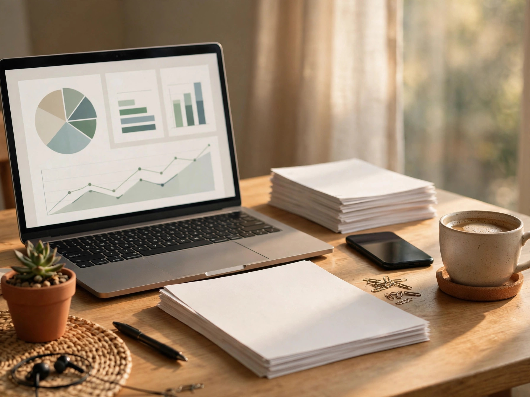 Organized business desk with dashboard on laptop
